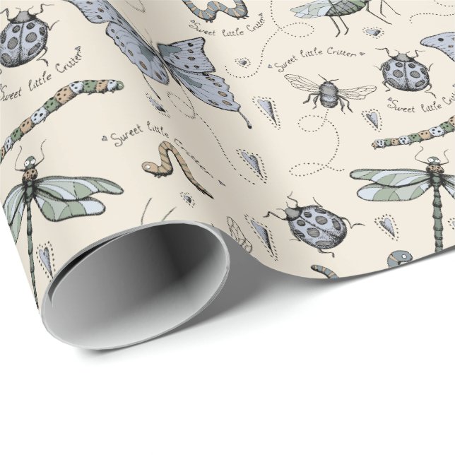 Papier Cadeau Bleu mignon Bugs et Insectes Enfants Bébé Garçon (Coin rond)