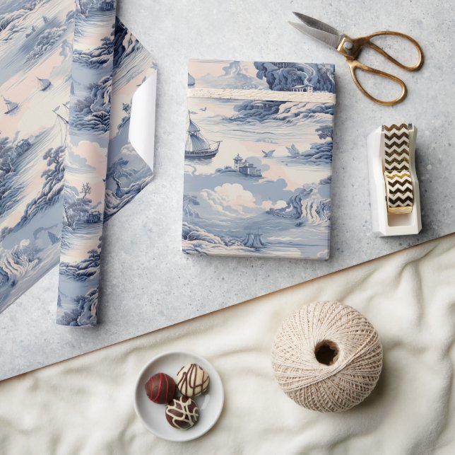 Papier Cadeau Bleu moderne Stom Océan Toile de Jouy Motif (Artisanat)