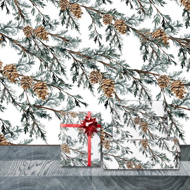 Papier Cadeau Bleu neigeux Juniper Tree Branch & Pine Tree Cones (Snowy Blue Juniper Tree Branch & Pine Tree Cones Christmas Holiday Gift Wrapping Paper Rolls)