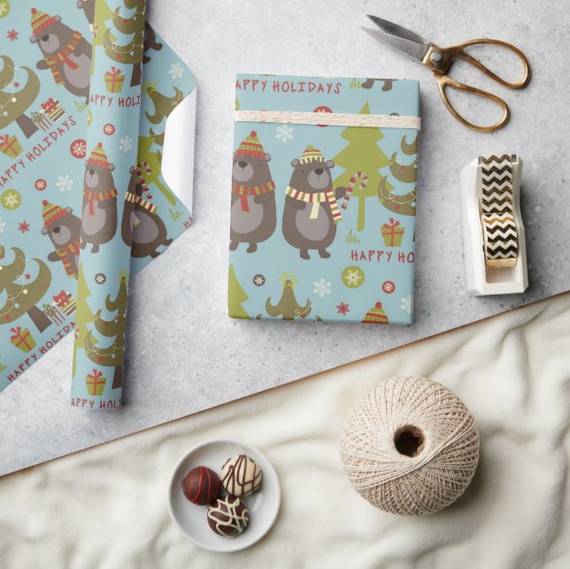 Papier Cadeau Bleu Noël Ours Joyeux Fêtes (Artisanat)