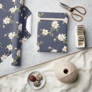 Papier Cadeau Bleu Nuit Blanc Floral