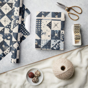 Papier Cadeau Bleu Nuit Crème Courtepoint Gingham Cottagecore Fl