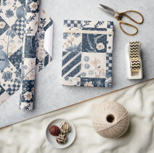 Papier Cadeau Bleu Nuit Crème Courtepoint Gingham Cottagecore Fl