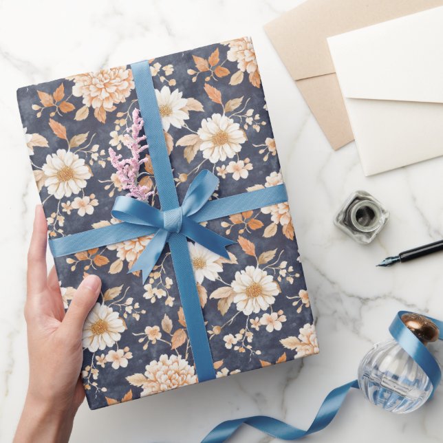 Papier Cadeau Bleu Nuit Crème Floral Pêche (Cadeaux)
