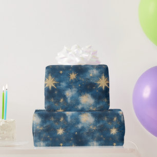 Papier Cadeau Bleu Or Étoiles Pailletées Ciel Anniversaire
