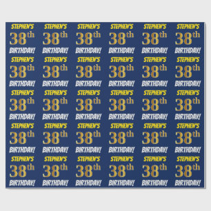 Papier Cadeau Bleu, Or Faux/Imitation, "38e ANNIVERSAIRE"