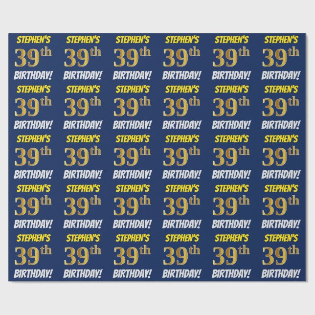 Papier Cadeau Bleu, Or Faux/Imitation, "39e ANNIVERSAIRE" (Plat)