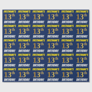 Papier Cadeau Bleu, Or Imitation/Faux, "13e ANNIVERSAIRE"
