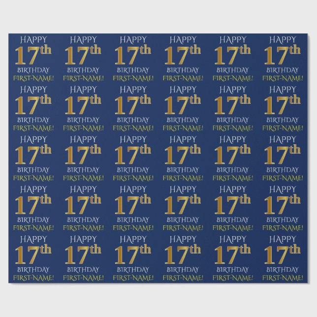 Papier Cadeau Bleu, or "JOYEUX 17ème ANNIVERSAIRE " de Faux (Plat)