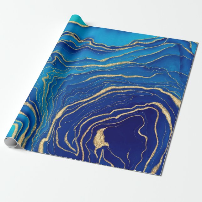 Papier Cadeau Bleu Or Liquide peinture Fluid Art Abstrait (Déroulé)