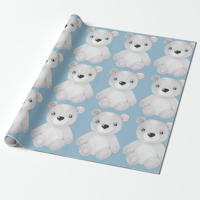Papier Cadeau Bleu Ours Aquarelle Boy Baby shower d'enveloppemen (Déroulé)