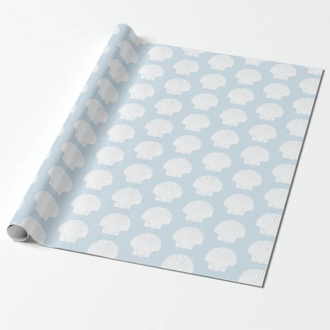Papier Cadeau Bleu pâle et coquilles de mer blanches (Déroulé)