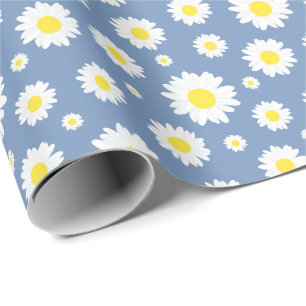 Papier Cadeau Bleu pastel avec Motif marguerrier blanc jaune
