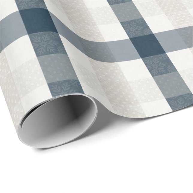 Papier Cadeau Bleu Plaid Vacances de Noël Coeur Beige (Coin rond)