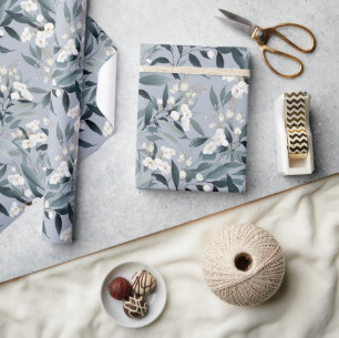 Papier Cadeau Bleu Poussiéreux Blanc Floral Eucalyptus 