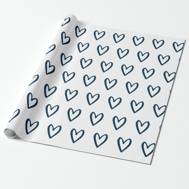 Papier Cadeau Bleu prussien sur blanc à main Coeurs enveloppant  (Déroulé)