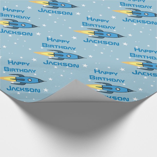Papier Cadeau Bleu Retro Rocket Ship Personnalisé Birthday Boy (Coin)