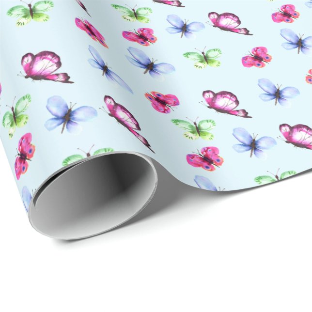 Papier Cadeau Bleu rose Baby shower papillon vert Anniversaire (Coin rond)