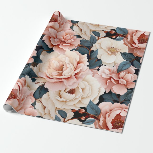 Papier Cadeau Bleu rose Élégant motif floral Blush (Déroulé)