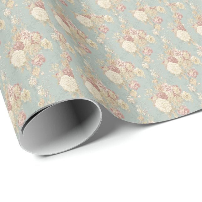 Papier Cadeau Bleu rose Fleurs florales Douche nuptiale (Coin rond)