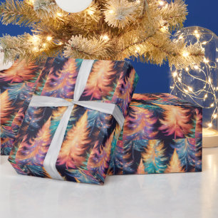 Papier Cadeau Bleu rose or Arbres légers Noël moderne