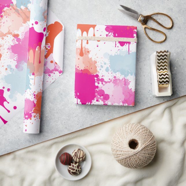 Papier Cadeau Bleu rose orange Abstrait Peinture (Artisanat)