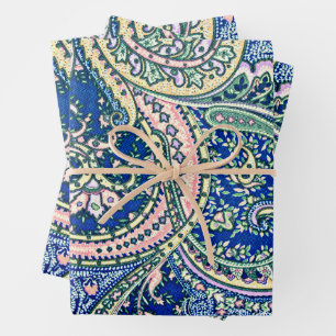 Papier Cadeau Bleu, Rose, Vert Fleurs De Paisley, Feuille