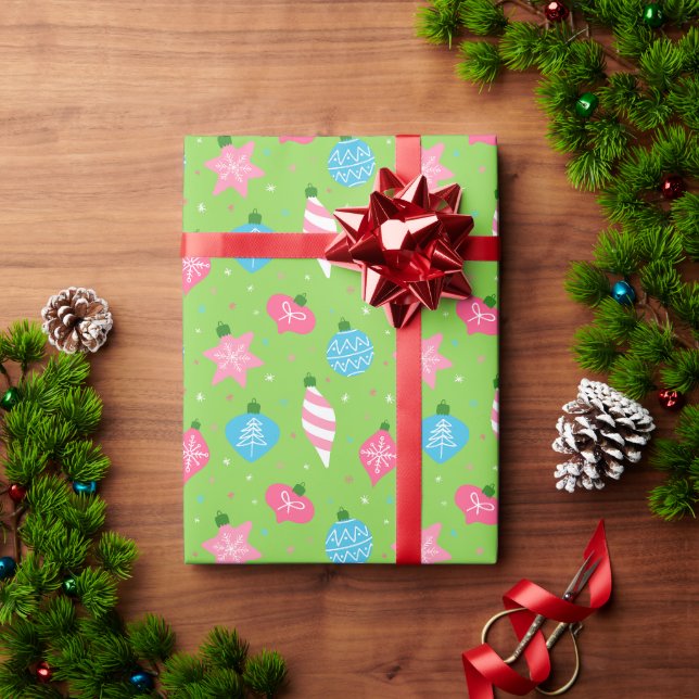Papier Cadeau Bleu rose vert Ornements Joyeux Noël brillant (Cadeau de vacances)