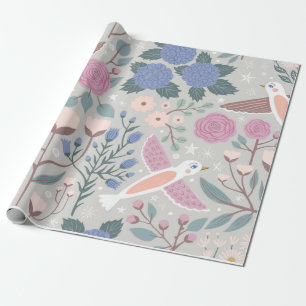 Papier Cadeau Bleu rose vintage Joli Oiseaux Illustration floral