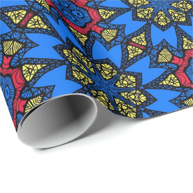 Papier Cadeau Bleu Rouge Jaune Tribal Africain Motif ethnique (Coin rond)