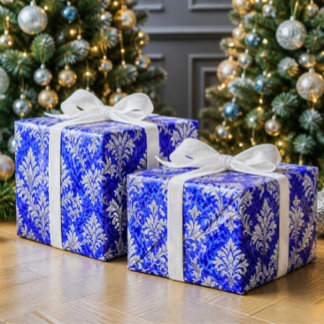 Papier Cadeau Bleu Royal et Blanc Noël Damassé Victorien