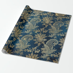 Papier Cadeau Bleu scintillant et or vintage damassé