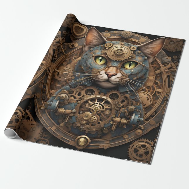Papier Cadeau bleu steampunk chat AI papier d'emballage art (Déroulé)