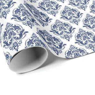 Papier Cadeau Bleu sur blanc Vintage Damas Motif