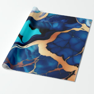 Papier Cadeau Bleu tendance en or faux marbre
