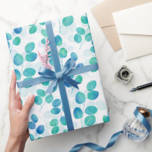 Papier Cadeau Bleu Turquoise Aquarelle Eucalyptus Feuilles