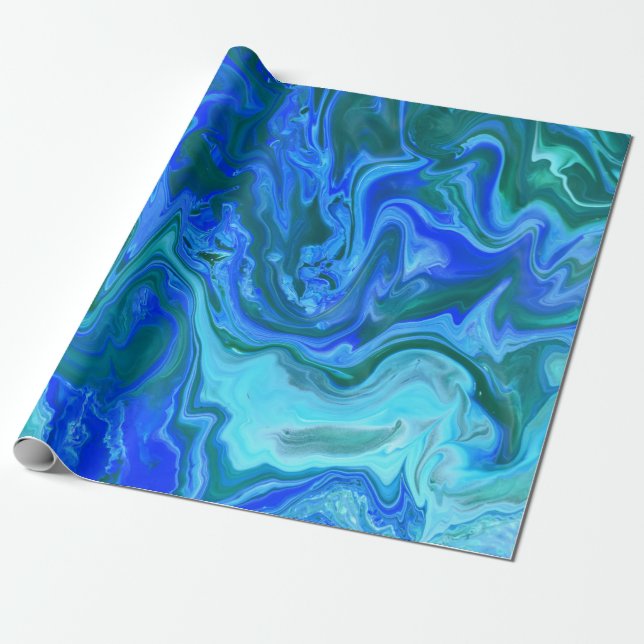 Papier Cadeau Bleu turquoise marine unique Art fluide abstrait (Déroulé)