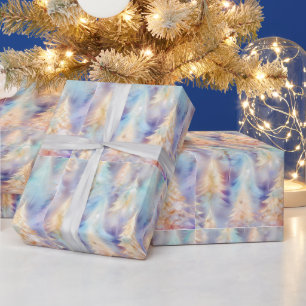 Papier Cadeau Bleu Vert Blanc Or Arbres Noël Moderne