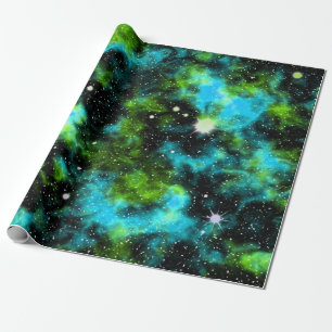 Papier Cadeau Bleu Vert Galaxie Cosmique Espace Étoiles Nebula