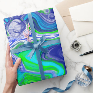 Papier Cadeau Bleu vert Marbre brun brindilles Anniversaire