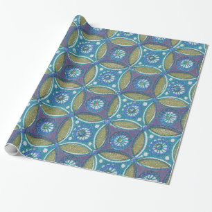 Papier Cadeau Bleu vert Rustique Boho Motif circulaire géométriq