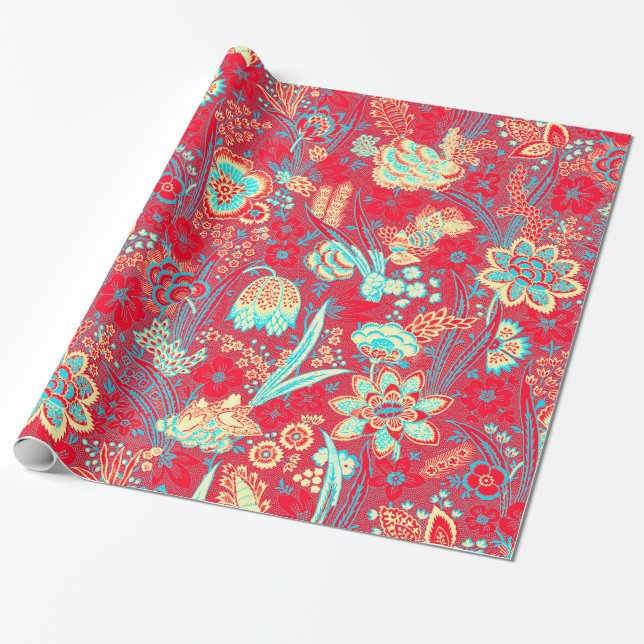 PAPIER CADEAU BLEUE ROUGE BLANC FLEURS SAUVAGES TULIPS, FLORAL F (Déroulé)