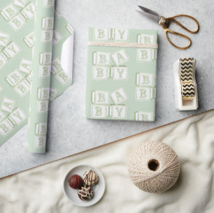 Papier Cadeau Blocs bébé Typographie Aquarelle verte Douche