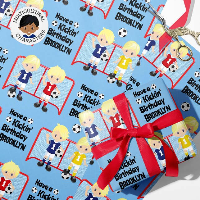 Papier Cadeau Blonde Boy Soccer Anniversaire Personnalisé (Créateur téléchargé)