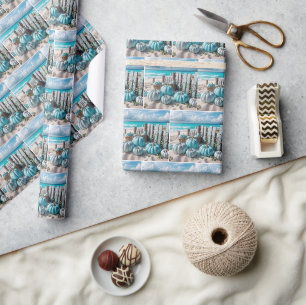 Papier Cadeau Blue Autumn Beach Citrouilles