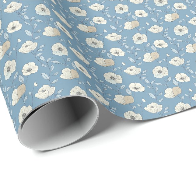 Papier Cadeau Blue Beige Floral Birthday Bridal Baby Shower (Coin rond)