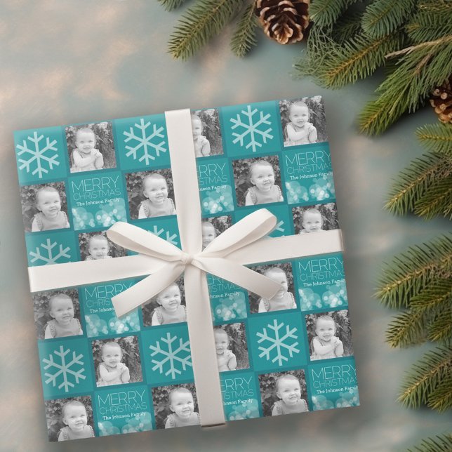 Papier Cadeau Blue Bokeh Modern Joyeux Noël Photo (Personalized Wrapping paper - 2 Photos)