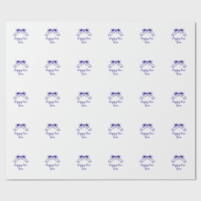 Papier Cadeau Blue bow happy new year name date simple minimal  (Plat)
