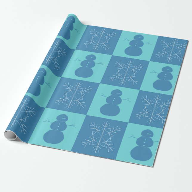 Papier Cadeau Blue Checkerboard Snowflake et Snowman (Déroulé)