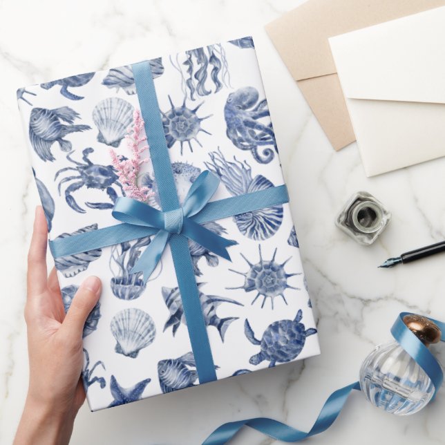 Papier Cadeau Blue Coastal Wrapping Paper Flat Sheet Set of 3 (Cadeaux)